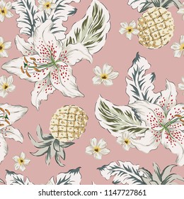 Tropical pineapple, lily, plumeria flowers and palm leaves, dusty pink background. Vector seamless pattern. Botanical illustration. Exotic plants and fruit. Summer beach floral design. Paradise nature