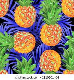 Tropical pineapple with palm leaves. Vector pattern, background.