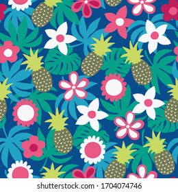 Tropical pineapple and palm print on blue background. Pattern for fabric, backgrounds, wrapping, textile, wallpaper, apparel. Vector illustration