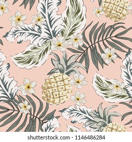 Tropical pineapple, plumeria flowers and palm leaves, pale pink background. Vector seamless pattern. Botanical illustration. Exotic plants and fruit. Summer beach floral design. Paradise nature