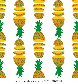 Tropical pineapple seamless pattern background. Vector illustration of fresh colorful fruit in flat doodle hand drawn cartoon style