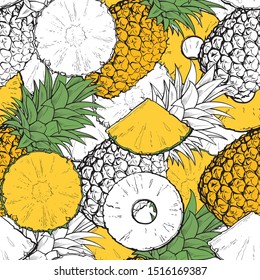 Tropical pineapple seamless pattern with sliced and whole fruit in color and black and white. Healthy green and yellow summer food background - vector illustration