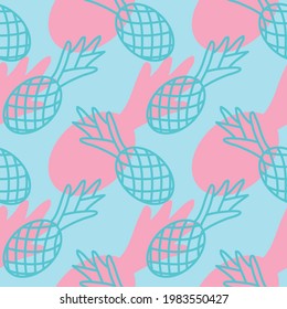 Tropical pineapple seamless pattern, summer background pineapple pink blue outline, trendy color, design for fabric, textile print