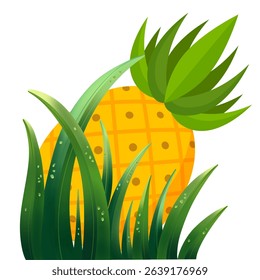 Tropical pineapple with sharp green leaves emerging from jungle grass.