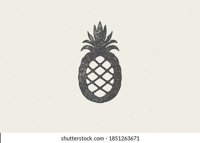 Tropical pineapple silhouette for designs with healthy and organic food hand drawn stamp effect vector illustration. Vintage grunge texture emblem for package and menu design or label decoration.