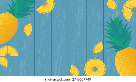 Tropical pineapple slices on blue wooden background with fresh fruit border for summer designs