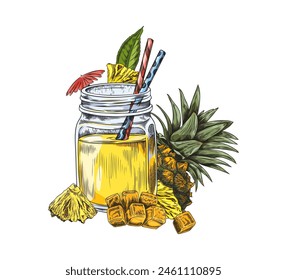 Tropical pineapple smoothie in a mason jar vector illustration, with a whole pineapple and slices, accompanied by vibrant straws and mint leaves.