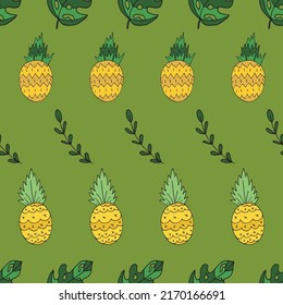 Piñas tropicales y hojas vectoriales sin fisuras en verde