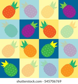 Tropical pineapples in multiple vibrant colors angled playfully on blue and yellow squares pattern, seamless background