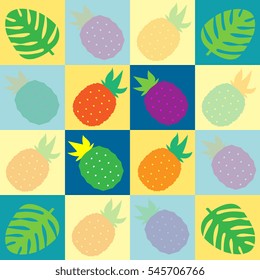 Tropical pineapples and palms in multiple vibrant colors on blue and yellow checkered pattern, seamless background