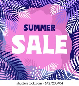 Tropical pink background with the inscription summer sale for advertising content on social networks. Vector illustration