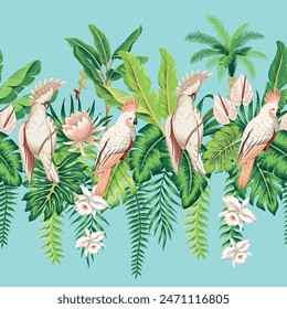 Tropical pink cockatoo parrots, green palm leaves, banana tree, pink lotus flower, orchid floral seamless pattern blue background. Exotic jungle wallpaper.