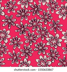 Tropical pink daisy plants and flowers seamless pattern, background Colorful textile fabric print.Isolated vector illustration