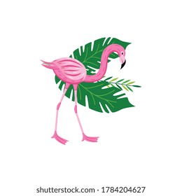 Tropical pink flamingo bird with exotic foliage, cartoon vector illustration isolated on white background. Beautiful summer print design for textile and cards.