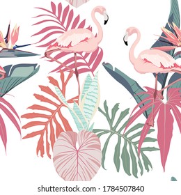 Tropical pink flamingo birds, bright palm leaves background. Seamless pattern. Jungle illustration. Exotic plants. Summer beach floral design. Paradise nature.