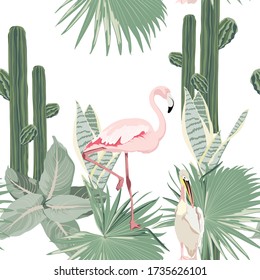 Tropical pink flamingo birds, cacti, palm leaves background. Seamless pattern. Jungle illustration. Exotic plants. Summer beach floral design. Paradise nature