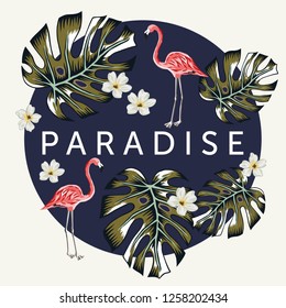 Tropical pink flamingo birds, green monstera leaves, navy circle frame. Print for tee shirt template, poster, card. Vector graphic illustration. Exotic jungle. Summer beach design. Paradise nature