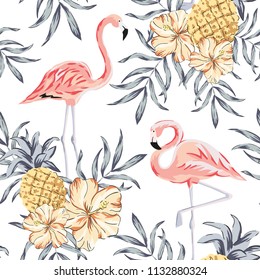 Tropical pink flamingo birds, hibiscus flowers bouquets, pineapples, palm leaves background. Vector seamless pattern. Jungle illustration. Exotic plants. Summer beach floral design. Paradise nature