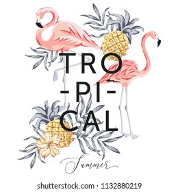 Tropical pink flamingo birds, palm leaves, pineapples, hibiscus flower, white background. Print for tee shirt template. Botanical vector illustration. Summer beach floral design. Paradise nature