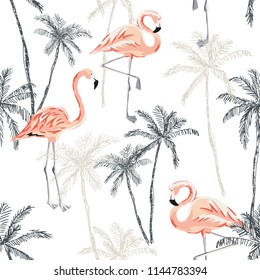 Tropical pink flamingo birds, palm trees on the beach, white background. Vector seamless pattern. Graphic illustration. Paradise nature. Sketch design