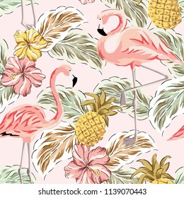 Tropical pink flamingo birds, pineapples, hibiscus flowers bouquets, palm leaves background. Vector seamless pattern. Jungle illustration. Exotic plants. Summer beach floral design. Paradise nature