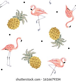 Tropical pink flamingo birds, pineapples, dots, white background. Vector seamless pattern. Jungle illustration. Exotic plants. Summer beach design. Paradise nature