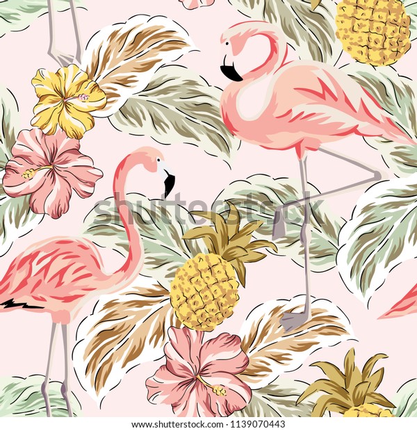 Tropical pink flamingo birds, pineapples, hibiscus flowers bouquets, palm leaves background. Vector seamless pattern. Jungle illustration. Exotic plants. Summer beach floral design. Paradise nature