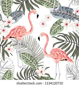 Tropical pink flamingo birds, plumeria flowers, palm leaves, white background. Vector seamless pattern. Jungle illustration. Exotic plants. Summer beach floral design. Paradise nature