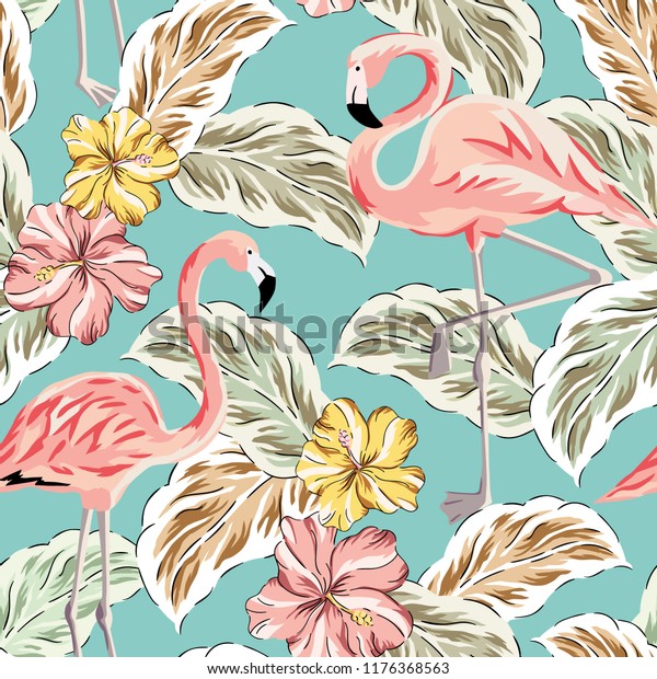 Tropical pink flamingo birds, yellow hibiscus flowers bouquets, palm leaves background. Vector seamless pattern. Jungle illustration. Exotic plants. Summer beach floral design. Paradise nature