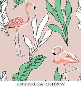 Tropical pink flamingo, green palm leaves, beige background. Vector seamless pattern. Jungle illustration. Exotic plants, birds. Summer floral design. Paradise nature