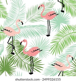 Tropical pink flamingo, green palm leaves silhouette, white background. Vector illustration. Seamless pattern. Exotic plants, birds. Summer beach design. Paradise nature