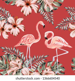 Tropical pink flamingo, hibiscus flowers, monstera palm leaves, red background. Vector seamless pattern. Jungle illustration. Exotic plants, birds. Summer floral design. Paradise nature