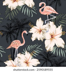 Tropical pink flamingo, hibiscus flowers, leaves, palm trees silhouettes, black background. Vector seamless pattern. Floral illustration. Exotic plants, birds. Summer beach design. Paradise nature