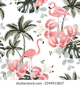 Tropical pink flamingo, lily flowers, leaves, palm trees, white background. Vector seamless pattern. Floral illustration. Exotic plants, birds. Summer beach design. Paradise nature