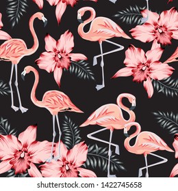 Tropical pink flamingo, orchid flowers, palm leaves, black background. Vector seamless pattern. Jungle illustration. Exotic plants, birds. Summer floral design. Paradise nature