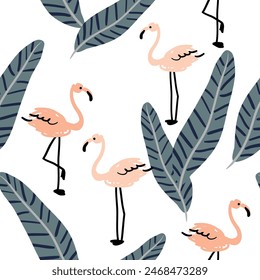 Tropical pink flamingo, palm leaves, white background. Vector illustration. Seamless pattern. Exotic plants, birds. Summer beach design. Paradise nature