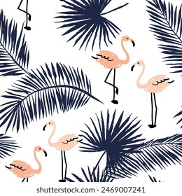 Tropical pink flamingo, palm leaves silhouette, white background. Vector illustration. Seamless pattern. Exotic plants, birds. Summer beach design. Paradise nature