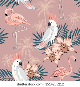 Tropical pink flamingo, parrot birds, orchid flowers, palm trees, leaves background. Vector seamless pattern. Jungle illustration. Exotic plants. Summer beach floral design. Paradise nature