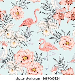 Tropical pink flamingo, parrot, orchid, rose flowers, palm leaves, light background. Vector seamless pattern. Jungle illustration. Exotic plants, birds. Summer beach floral design. Paradise nature