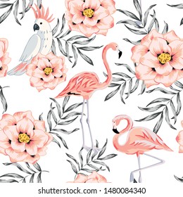 Tropical pink flamingo, parrot, rose flowers, palm leaves, white background. Vector seamless pattern. Jungle illustration. Exotic plants, birds. Summer beach floral design. Paradise nature