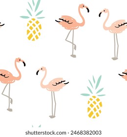 Tropical pink flamingo, pineapples, white background. Vector illustration. Seamless pattern.  Exotic birds and fruits. Summer beach design. Paradise nature