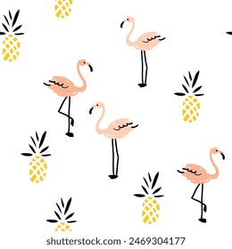 Tropical pink flamingo, pineapples, white background. Vector illustration. Seamless pattern.  Exotic birds and fruits. Summer beach design. Paradise nature