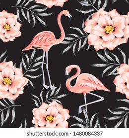 Tropical pink flamingo, rose flowers, palm leaves, black background. Vector seamless pattern. Jungle illustration. Exotic plants, birds. Summer beach floral design. Paradise nature
