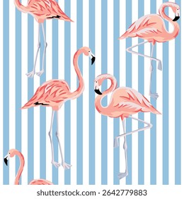 Tropical pink flamingo, striped background. Vector seamless pattern. Exotic birds illustration. Summer beach design. Paradise nature