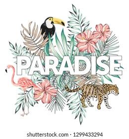 Flamingo rosa tropical, tocan, leopardo, hojas de palma, paradise de texto, fondo blanco. Imprimir para pantalones, tarjeta, plantilla de póster.Ilustración vectorial. Diseño floral de playa de verano con aves y animales