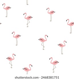 Tropical pink flamingo, white background. Vector illustration. Seamless pattern. Exotic birds. Summer beach design. Paradise nature