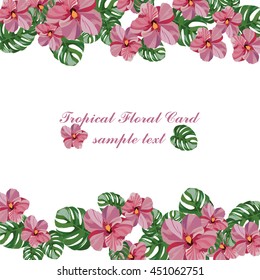 Tropical pink flowers card Vector. Exotic Summer floral background