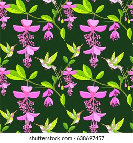 Tropical pink flowers and hummingbird seamless floral pattern.