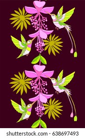 Tropical pink flowers and palm leaf and hummingbird seamless floral pattern.