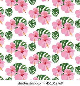 Tropical pink flowers pattern  on white background. Vector